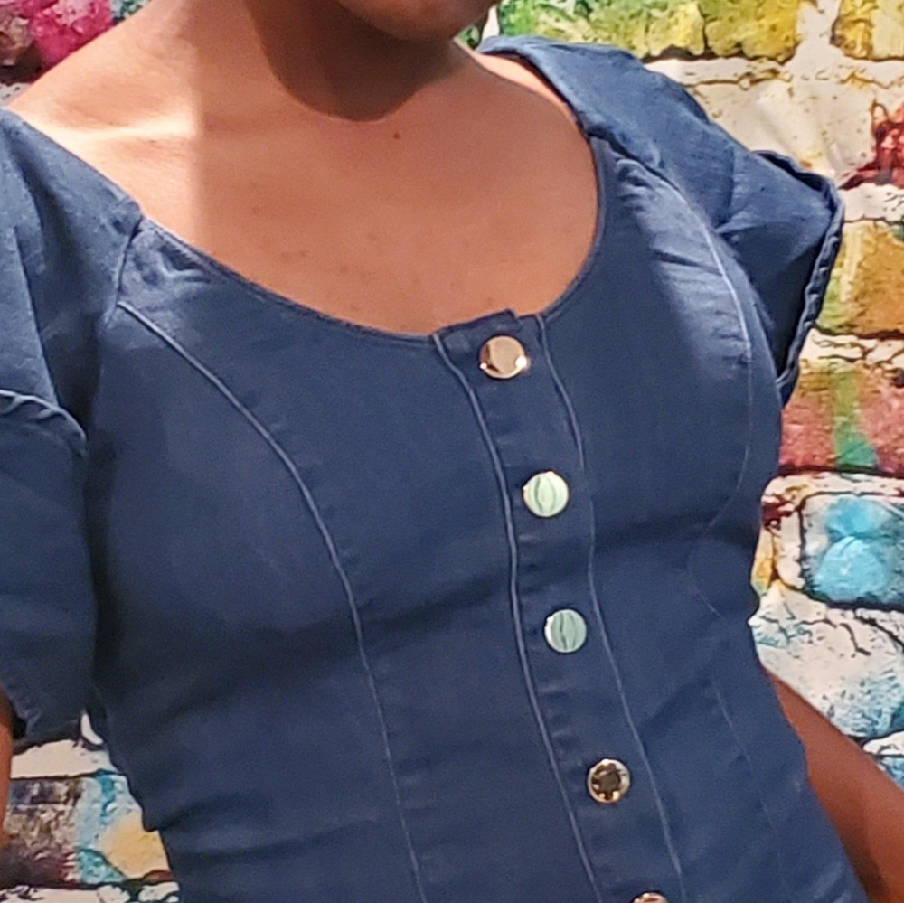 Puff Sleeve Denim Bodysuit - Picture 8 of 9